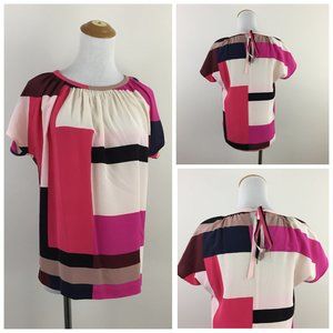 KATE SPADE Multi-Color Colorblock 100% Silk Tie Back Collar Short Sleeve Shirt